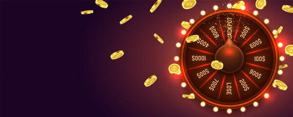 Neon wheel of fortune with golden coins. Spinning lucky roulette. Vector illustration.