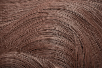 Blond hair close-up as a background. Women's long light brown hair. Beautifully styled wavy shiny curls. Hair coloring. Hairdressing procedures, extension.