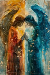 Enigmatic Angelic Reflection: A Vivid Watercolor Artwork of Winged Figures