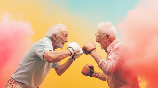 Old Senior Mature Gay Couple Fighting at Home, Boxing Gloves. Argument, Problem, Conflict, Quarrel. Elderly, Retirement, Marriage. Absurd Sport, Having Fun. Retro, Vintage. Caricature, Comedy, Humour.