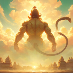 Lord Hanuman Hindu Deity Illustration Soaring Across Vast Skies for Hanuman Jayanti Festival Celebration, Social Media Post Design