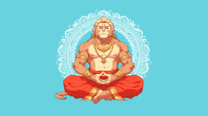 Lord Hanuman Hindu Deity Illustration in Meditative Pose, Spiritual Hinduism, Hanuman Jayanti Festive Background