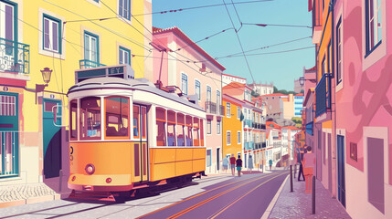 copy space, illustration, handdrawn cartoon style, Photo of a tram in Lisbon, Portugal with people walking in the street and buildings along the streets. daylight. An old yellow tram moving down cobbl