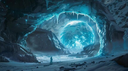Deep beneath the Arctic permafrost, a glowing bioluminescent ice cavern encases a massive spherical ice formation