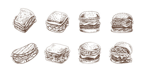 Burgers and sandwiches set. Hand-drawn monochrome sketches of different burgers and sandwiches with bacon, cheese, salad, tomatoes, cucumbers etc. Fast food retro vector illustrations.