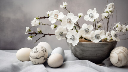 Easter composition of eggs, flowers in Scandinavian style in gray tones. Happy Easter