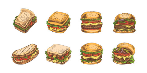 Burgers and sandwiches set. Hand-drawn colored sketch of different burgers and sandwiches with bacon, cheese, salad, tomatoes, cucumbers etc. Fast food retro vector illustrations.