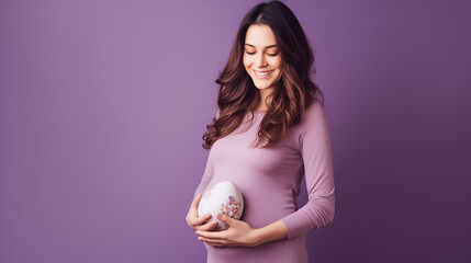 A happy pregnant girl holds an Easter egg on a purple background