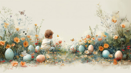 isolated artwork on white background, vintage Easter themed scene with spring flowers, big cute Easter baby