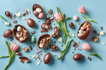 Luxurious contemporary Easter treats display. Overhead shot featuring shattered chocolate eggs filled with sweets