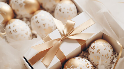 The end view from above is a photo of white and gold Easter eggs and gift