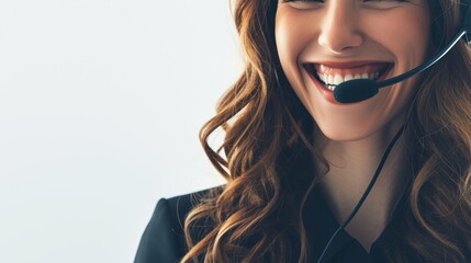 One happy Caucasian contact center telemarketing agent with wide smile talking on headset in workplace. Face of confident, friendly lady working helpdesk for sales and customer service