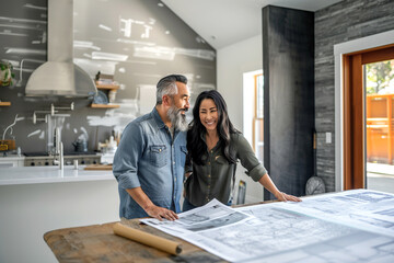 Family New Home Moving in: happy couple doing renovations in their house