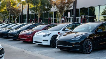 Fototapeta premium A fleet of electric cars lined up at a corporate campus, promoting green transportation