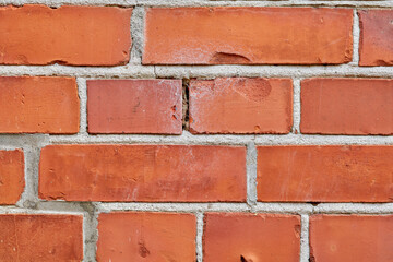 Zoom, red and brick wall for wallpaper or building with concrete material for architecture, texture and surface. Stone, masonry and clay or cement to hold or plaster together for construction