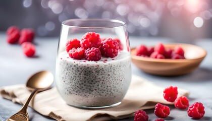 Healthy vanilla chia pudding in a glass with fresh raspberries .
