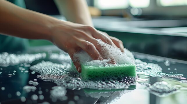A close-up of hands scrubbing a stovetop with a green eco-friendly sponge