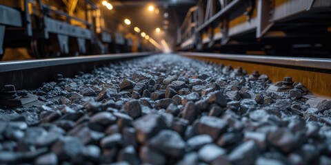 Fototapeta premium opencast mine coal on belt conveyor. The production industry process in the Thermal Power Plant transport. coal ore mining industrial site