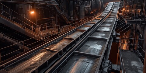 landscape of coal ore mining and processing plant, loading and transportation. crushed stone plant panorama of night
