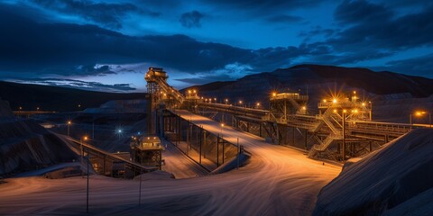 landscape of coal ore mining and processing plant, loading and transportation. crushed stone plant panorama of night