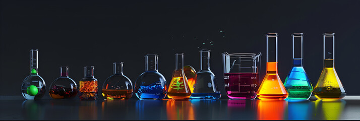 Test tubes with colorful liquids on dark grey background