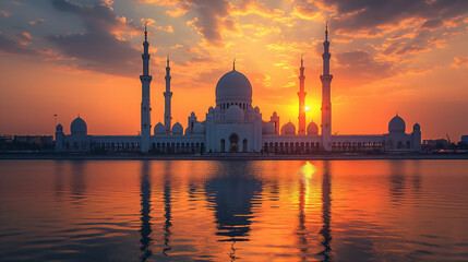 1. Golden Mosque Silhouette: A magnificent mosque silhouette against a backdrop of a vibrant sunset sky, adorned with intricate Arabic calligraphy and geometric patterns, symbolizi - obrazy, fototapety, plakaty