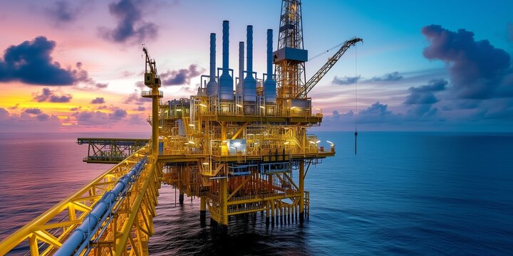 Industry of Offshore Jack Up Oil Rig at gulf in The Middle of The Sea at Sunset Time. arial view of oil rig platform