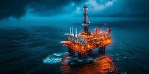 Industry of Offshore Jack Up Oil Rig at gulf in The Middle of The Sea at Sunset Time. arial view of oil rig platform