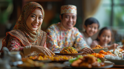 20. Islamic Family Gathering: A heartwarming scene of an extended Islamic family gathering for a festive meal, with generations coming together to share laughter, stories, and trad
