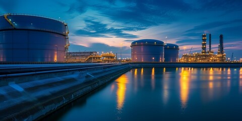 Fototapeta premium oil terminal storage tank. Aerial view chemical petroleum petrochemical refinery product at Sunset Time