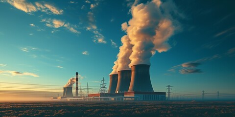arial drone top view shot of nuclear power plant with cooling towers chimney steaming with blue sky background