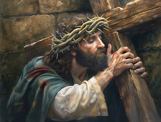Painting of Jesus Christ carrying cross of suffering, symbolizing death, sacrifice and resurrection