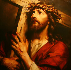 Painting of Jesus Christ carrying cross of suffering, symbolizing death, sacrifice and resurrection