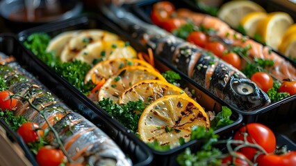 Fresh Fish and Veggie Meal Prep - Daily Health Boost. Concept Meal Prepping, Healthy Eating, Fresh Ingredients, Nutritious Meals, Cooking Techniques - obrazy, fototapety, plakaty