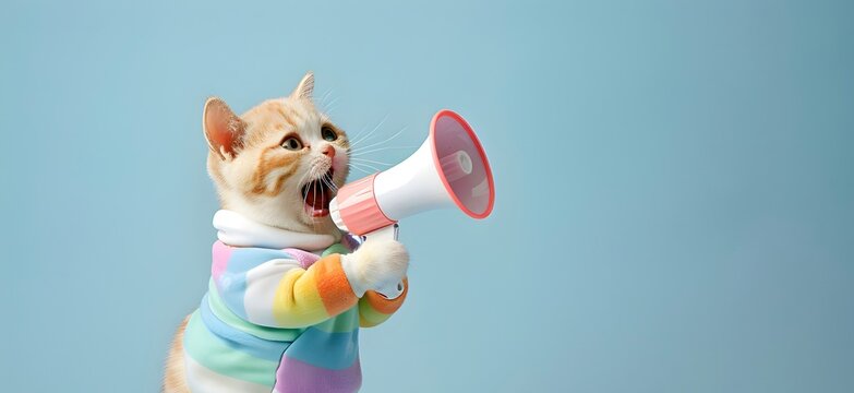 Fashionable cat announcing using megaphone. Notifying, warning, announcement.