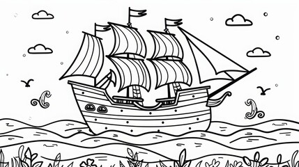 coloring pages or books for children, Cute and funny coloring page, Cartoon illustration, outline picture for coloring kid book, illustration of ship