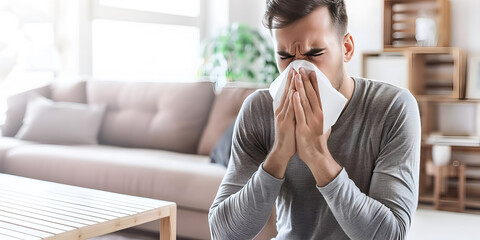 Young man suffering from runny nose or nasal blocking. Common cold or flu patient with rhinitis