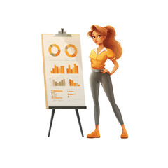 A well-dressed businesswoman stands confidently next to a flipchart board displaying colorful graphs, including a pie chart and bar graph, indicating sales growth or financial statistics. She presents