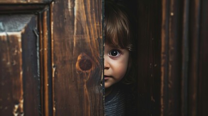 A frightened child peeking from behind a door during a parental dispute