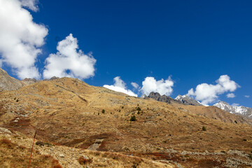 Landscape of the mountains. View of snow covered mountains with blue sky, white cloud with trees on the slopes of mountains at Kashmir.
