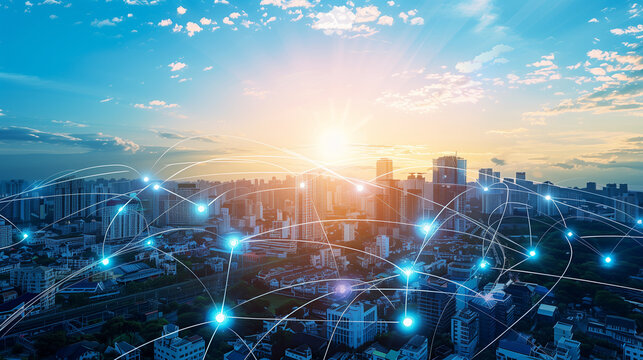 Modern city with communication network. Online connection and data traffic. Telecommunications and technology background.