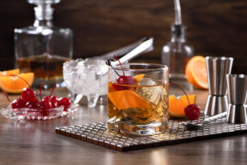 Cocktail Old Fashioned is an old-fashioned sophistication of whiskey and sweet syrup. Served with...