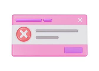 3D computer Error message window. isolated simple icon. cartoon style. 3d rendering