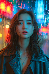 Fototapeta premium portrait of asian girl in neon lights