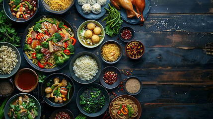Chinese food dark background, Chinese noodles, fried rice, dumplings, peking duck, dim sum, spring rolls, Famous Chinese cuisine dishes set, Space for text, Top view, Chinese restaurant concept - Powered by Adobe