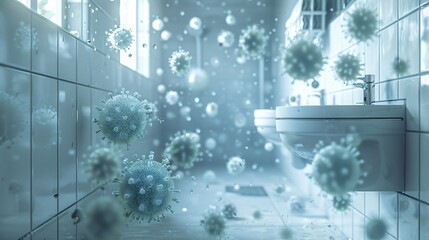 3d render of a bathroom with virus floating around