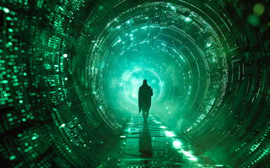green futurist tunneling through space