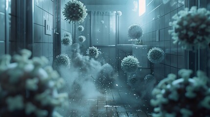 A bathroom covered in floating virus particles - obrazy, fototapety, plakaty
