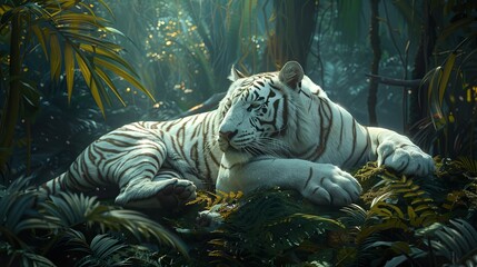 A beautiful white tiger lazing in the jungle