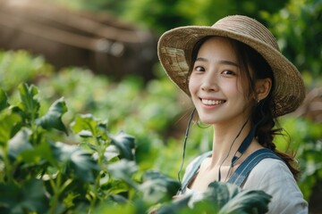 Smiling young lady with a sunhat amidst lush greenery in a garden
